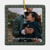 Rustiek Verloving Foto Ornament Gift- Green Plaid (Voorkant)