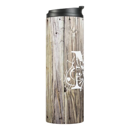 Rustiek verweerd hout chique monogram thermosbeker (Gedraaid links)
