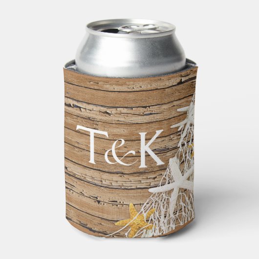 Rustiek verweerd hout zeesterren | bruin blikjeskoeler (Blikje Voorkant)