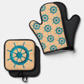 Rustiek Verweerde Boot Stuurwiel Foto Afbeelding Ovenwant & Pannenlap Set (Voorkant / Achterkant)