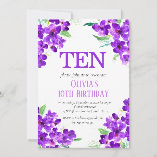 Rustiek Violet 10e Verjaardag Paarse Bloemen Kaart (Voorkant)