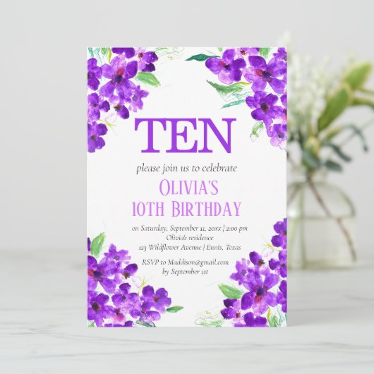 Rustiek Violet 10e Verjaardag Paarse Bloemen Kaart (Staand voorkant)