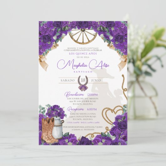 Rustiek Violet Paarse Westerne Charro Quinceañera Kaart (Staand voorkant)