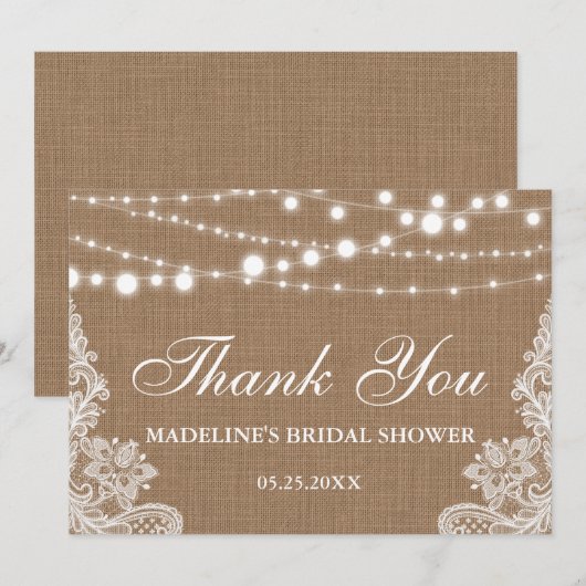 Rustiek Vrijgezellenfeest Burlap Lights Kant Dank  Bedankkaart (Voorkant / Achterkant)