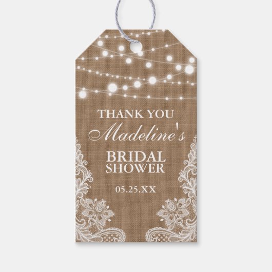 Rustiek Vrijgezellenfeest Burlap Lights Kant Dank Cadeaulabel (Voorkant)