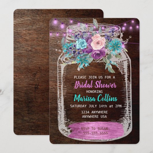 Rustiek Vrijgezellenfeest, Mason Jar, hangende lic Kaart (Voorkant / Achterkant)