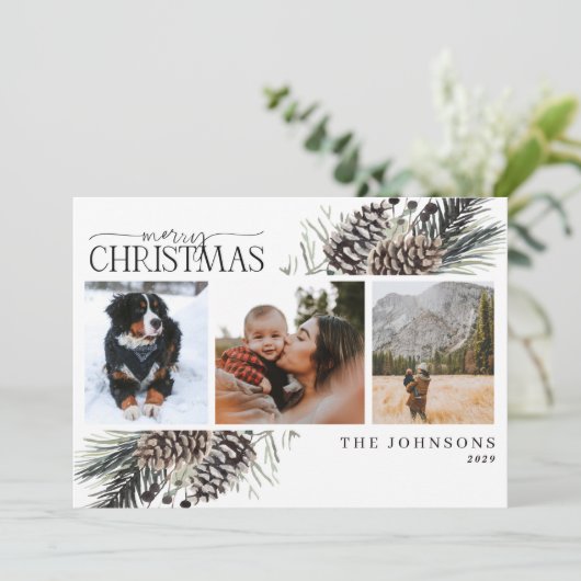 Rustiek Vrolijk Kerstfeest Winter Pinecone Botanic Feestdagenkaart (Staand voorkant)