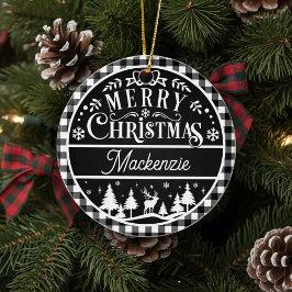 Rustiek Vrolijk Kerstfeest Zwart & Wit Plakken Cus Keramisch Ornament