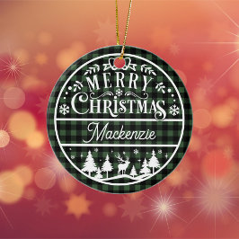 Rustiek Vrolijk Kerstgroen & Zwart Geplaagd Custom Keramisch Ornament