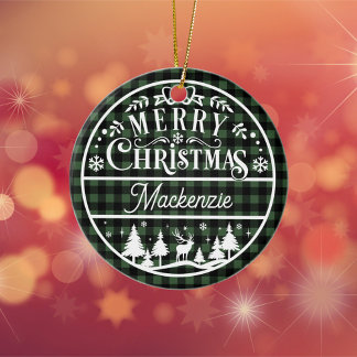 Rustiek Vrolijk Kerstgroen & Zwart Geplaagd Custom Keramisch Ornament