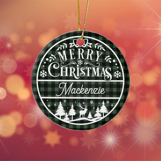 Rustiek Vrolijk Kerstgroen & Zwart Geplaagd Custom Keramisch Ornament