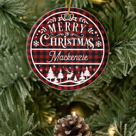 Rustiek Vrolijk Kerstmis Rood & Zwart Geplaagd Cus Keramisch Ornament