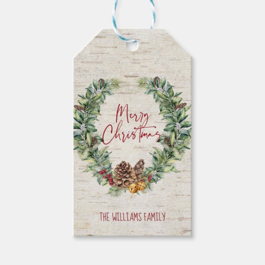 Rustiek Vrolijk Kerstmis Script Krans Berken Bark Cadeaulabel (Voorkant)