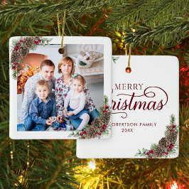 Rustiek Vrolijk Kerstscript Familiefoto Keramisch Ornament
