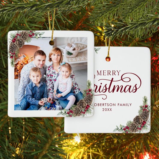 Rustiek Vrolijk Kerstscript Familiefoto Keramisch Ornament