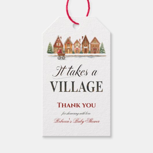 Rustiek wandelwagendorp herbergt Winter Baby showe Cadeaulabel (Voorkant)