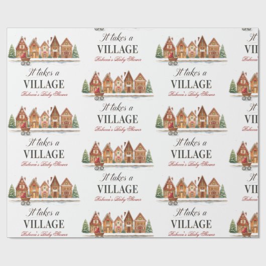 Rustiek wandelwagendorp herbergt Winter Baby showe Cadeaupapier (Vlak)