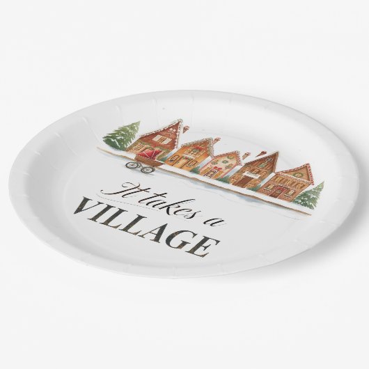 Rustiek wandelwagendorp herbergt Winter Baby showe Papieren Bordje (Gekanteld)