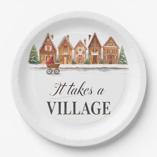 Rustiek wandelwagendorp herbergt Winter Baby showe Papieren Bordje (Voorkant)