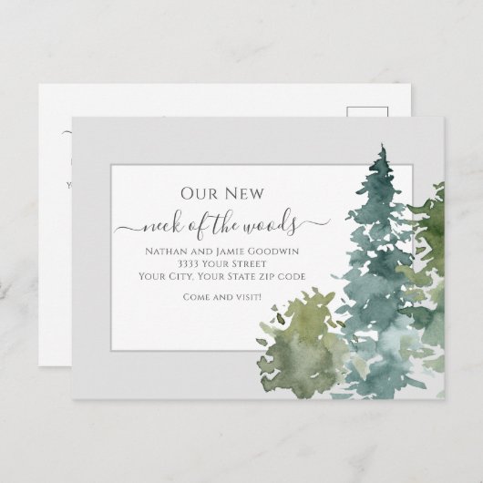 Rustiek We hebben nieuwe Home Pine Tree aankondigi Briefkaart (Voorkant / Achterkant)