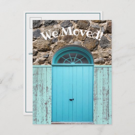 Rustiek We Verplaatste Aankondiging Blauwe Dubbele Briefkaart (Voorkant / Achterkant)