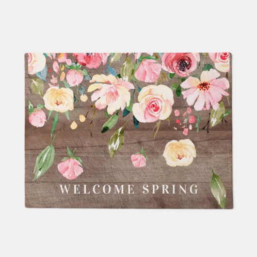 Rustiek Welkom Lente Roze Pioenen Bloemen Deurmat (Voorkant)