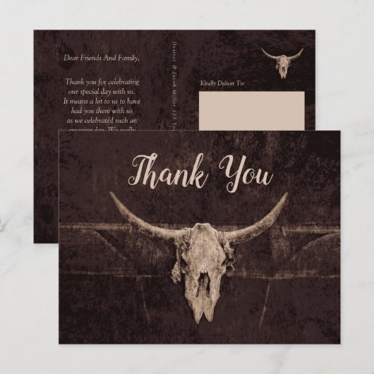 Rustiek Western Bruin Bull Skull Bruiloft Land Briefkaart (Voorkant / Achterkant)