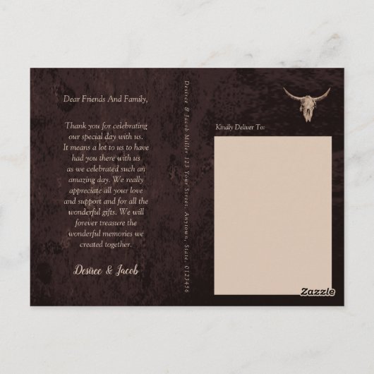 Rustiek Western Bruin Bull Skull Bruiloft Land Briefkaart (Achterkant)