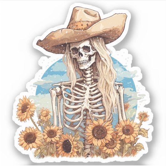 Rustiek Western cowgirl skelet met zonnebloemen Sticker (Voorkant)