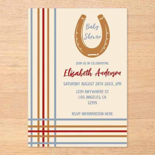 Rustiek Western Hoefijzer Baby shower Acryl Uitnodigingen (Voorkant)