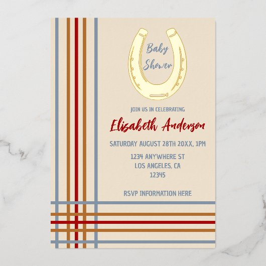 Rustiek Western Hoefijzer Baby shower Folie Uitnodiging (Voorkant)