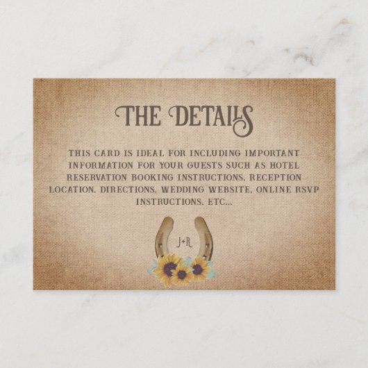 Rustiek Western Hoefijzer Zonnebloem bruiloft Deta Informatiekaartje (Voorkant)