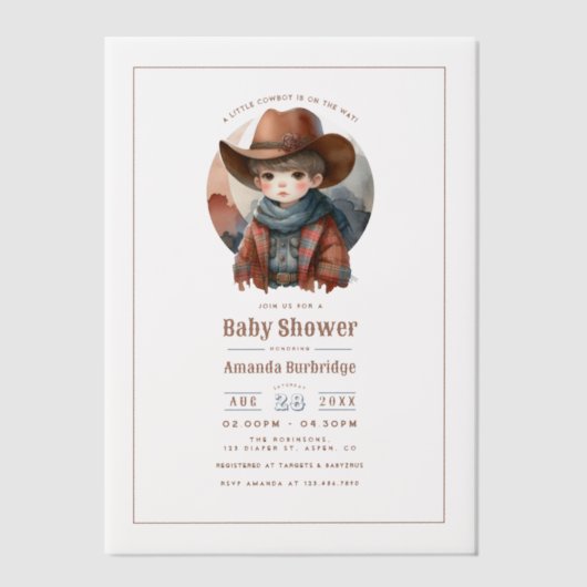 Rustiek Western Kleine Cowboy Baby shower Vellum Uitnodigingen (Voorkant)