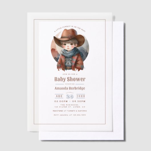 Rustiek Western Kleine Cowboy Baby shower Vellum Uitnodigingen (Offset)