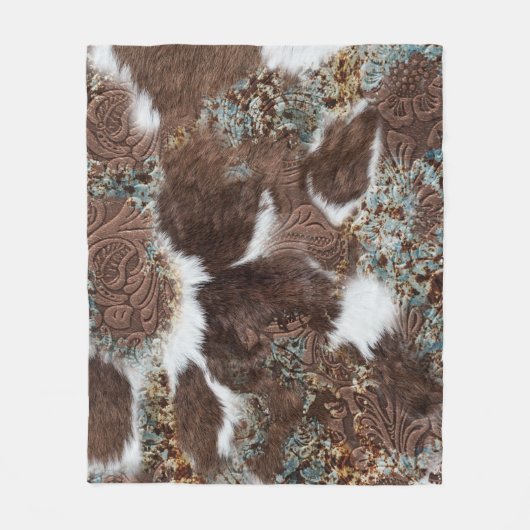Rustiek Western Koeienhuid bruin leder turquoise Fleece Deken (Voorkant)