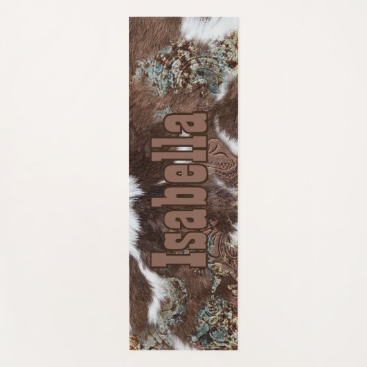 Rustiek Western Koeienhuid Bruin Leer Naam Yogamat (Voorkant)