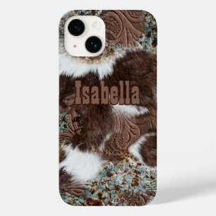 Rustiek Western Koeienhuid Print Bruin Lederen Naa Case-Mate iPhone 14 Hoesje
