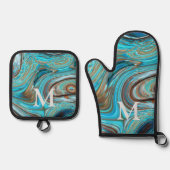 Rustiek Western Land Blauw Turquoise Monogram Ovenwant & Pannenlap Set (Voorkant)