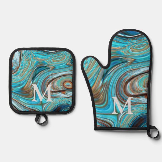 Rustiek Western Land Blauw Turquoise Monogram Ovenwant & Pannenlap Set (Voorkant)