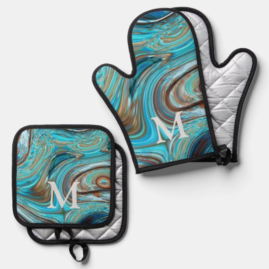 Rustiek Western Land Blauw Turquoise Monogram Ovenwant & Pannenlap Set (Voorkant / Achterkant)