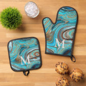 Rustiek Western Land Blauw Turquoise Monogram Ovenwant & Pannenlap Set (Top down)