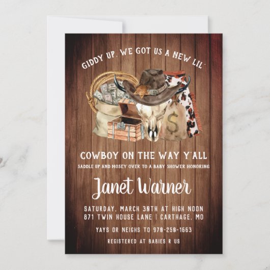Rustiek Western Rodeo Cowboy Baby shower Kaart (Voorkant)