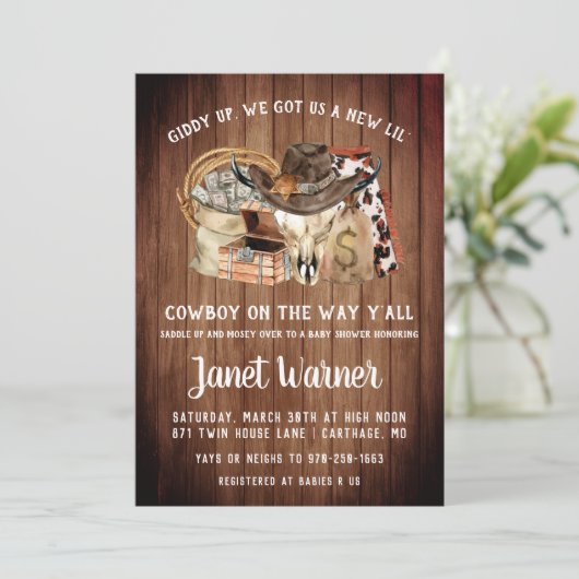 Rustiek Western Rodeo Cowboy Baby shower Kaart (Staand voorkant)