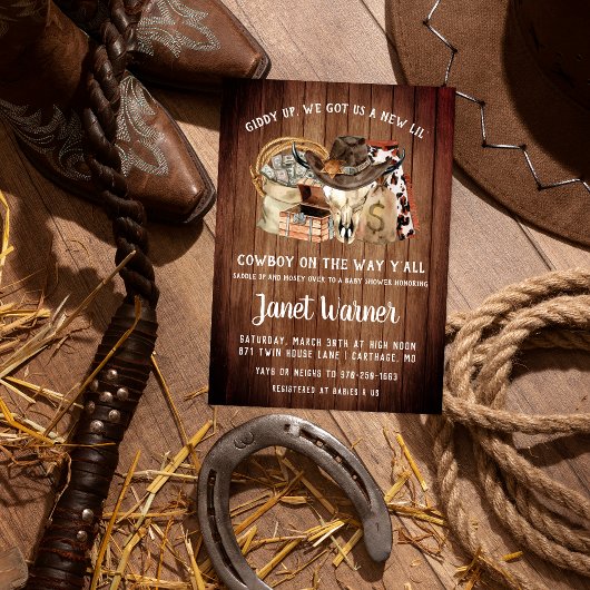 Rustiek Western Rodeo Cowboy Baby shower Kaart