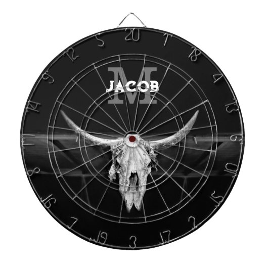 Rustiek Western Zwart-wit Bull Skull Monogram Dartbord (Voorkant)