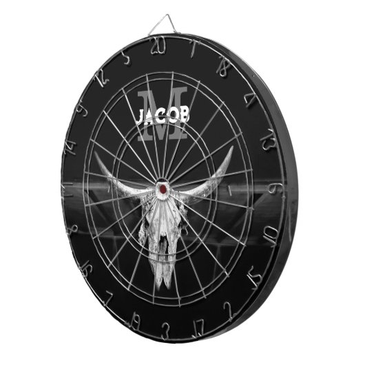 Rustiek Western Zwart-wit Bull Skull Monogram Dartbord (Voorkant Rechts)