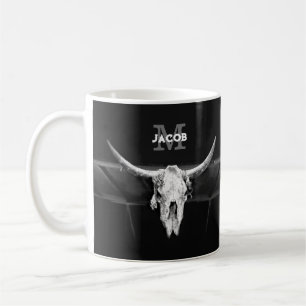 Rustiek Western Zwart-wit Bull Skull Monogram Koffiemok