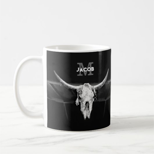 Rustiek Western Zwart-wit Bull Skull Monogram Koffiemok (Links)