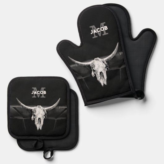 Rustiek Western Zwart-wit Bull Skull Monogram Ovenwant & Pannenlap Set (Voorkant / Achterkant)