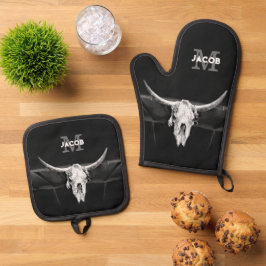 Rustiek Western Zwart-wit Bull Skull Monogram Ovenwant & Pannenlap Set